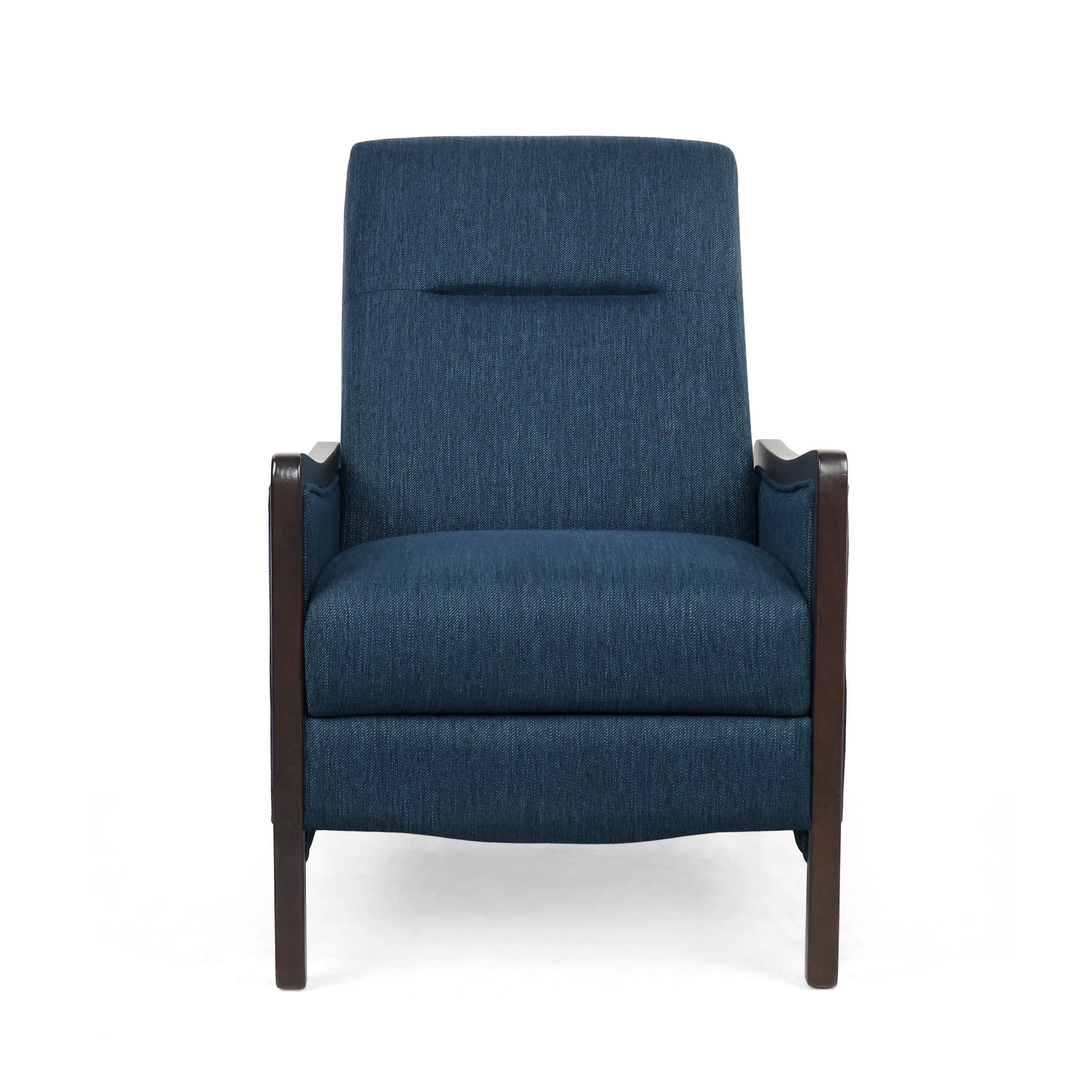 Noble House Roski Navy Blue Upholstered Recliner with Dark Walnut Frame