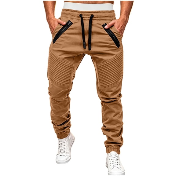 Njagoc3 Plus Size Pants for Men | Drawstring Cuffed Joggers with Zippered Side Pockets & Seam Detail | Relaxed Loose Fit for Fall Daily Wear & Outdoor Activities,Khaki,L
