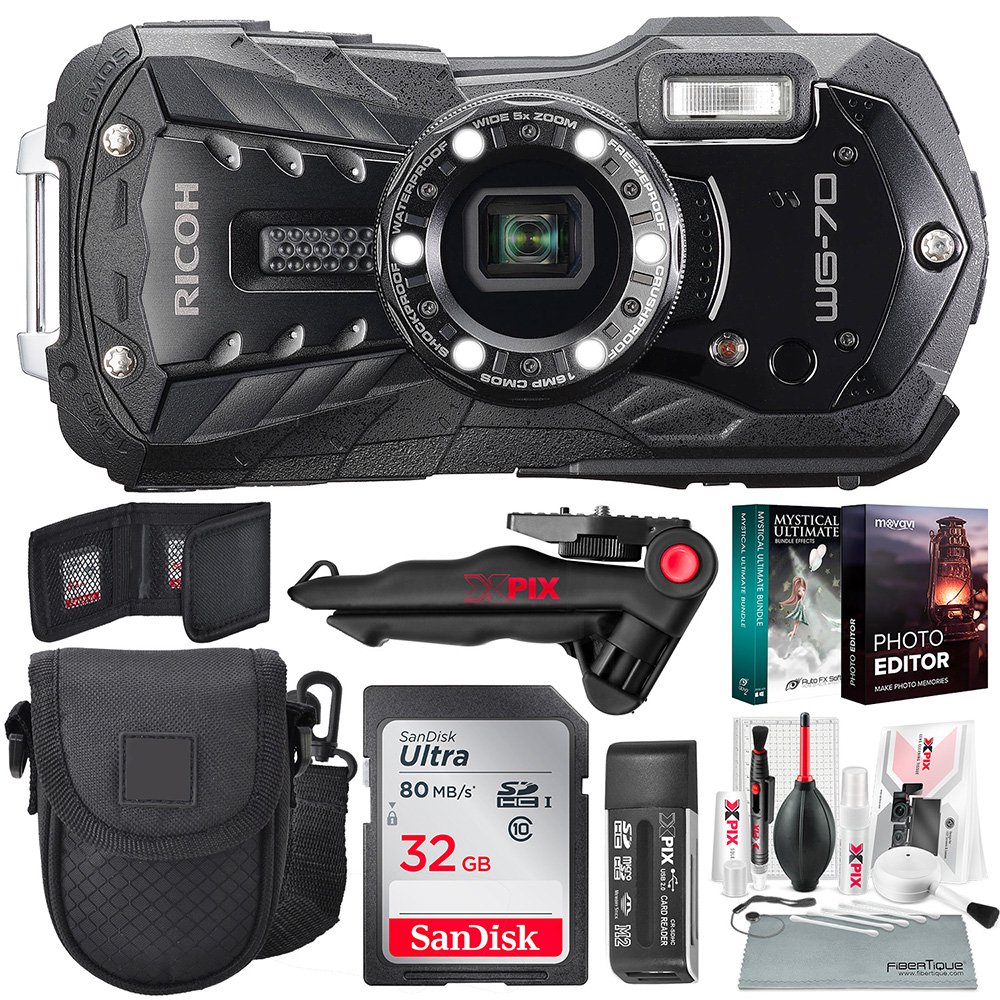 Ricoh WG70 Durable Adventure Digital Camera (Black), 32GB Memory Card