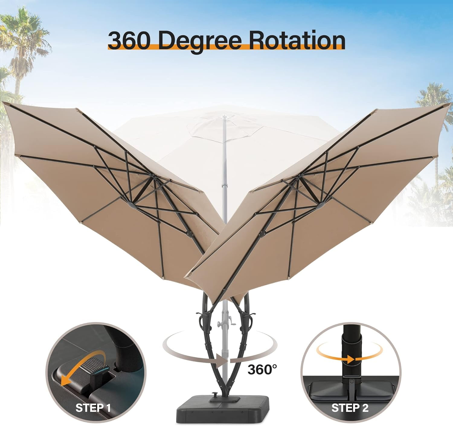 LAUSAINT HOME 12FT Sunbrella Patio Umbrella with Base, Outdoor Deluxe Curvy Cantilever Umbrella for Patio Pool Deck, Champagne