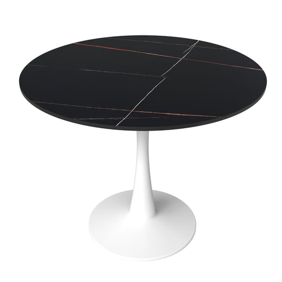 LeisureMod Round Dining Table Modern 35" Sintered Stone Tabletop with White Steel Pedestal Base for Kitchen and Living Room Bristol Series in Black