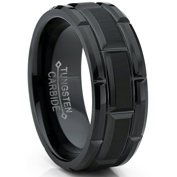 Metal Masters Tungsten Carbide Mens Black Brushed Grooved Wedding Band Engagement Ring Comfort-Fit 8mm