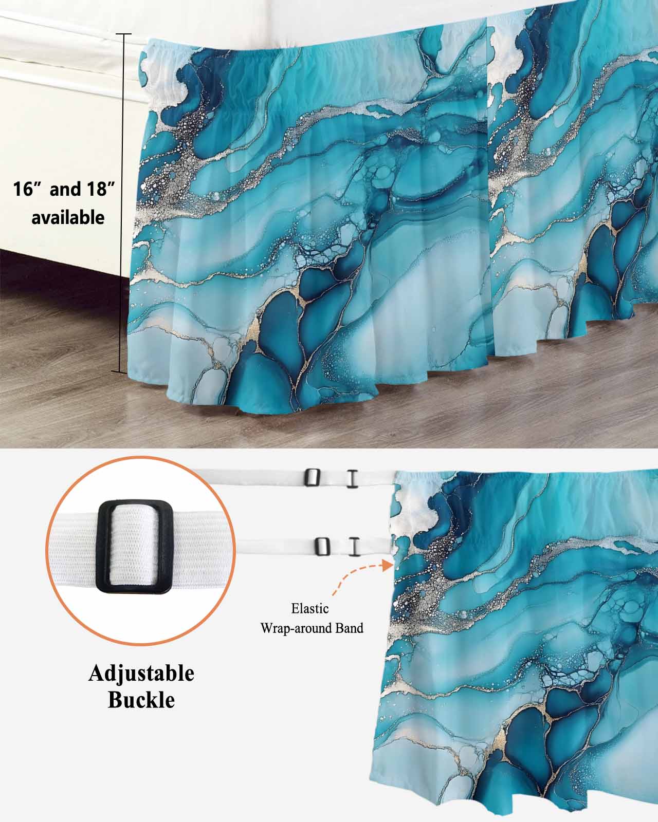 Turquoise Marble Bed Skirt California King Size 18" Drop Abstract Marble Ruffled Wrap Around Bed Skirts Adjustable Elastic Bedskirt Dust Ruffle for California King Size Bed