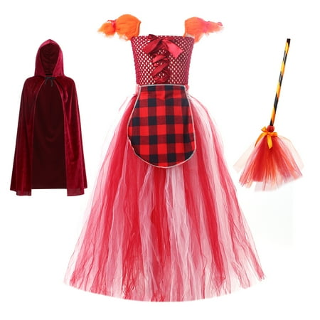 

IDOPIP Girls Witch Halloween Costume Sister Witch Princess Tutu Dress up with Witch Broom Hooded Cape Set Kids Fancy Cosplay Birthday Outfit for Photo Shoot 4-5 Years Red - Cloak + Broom
