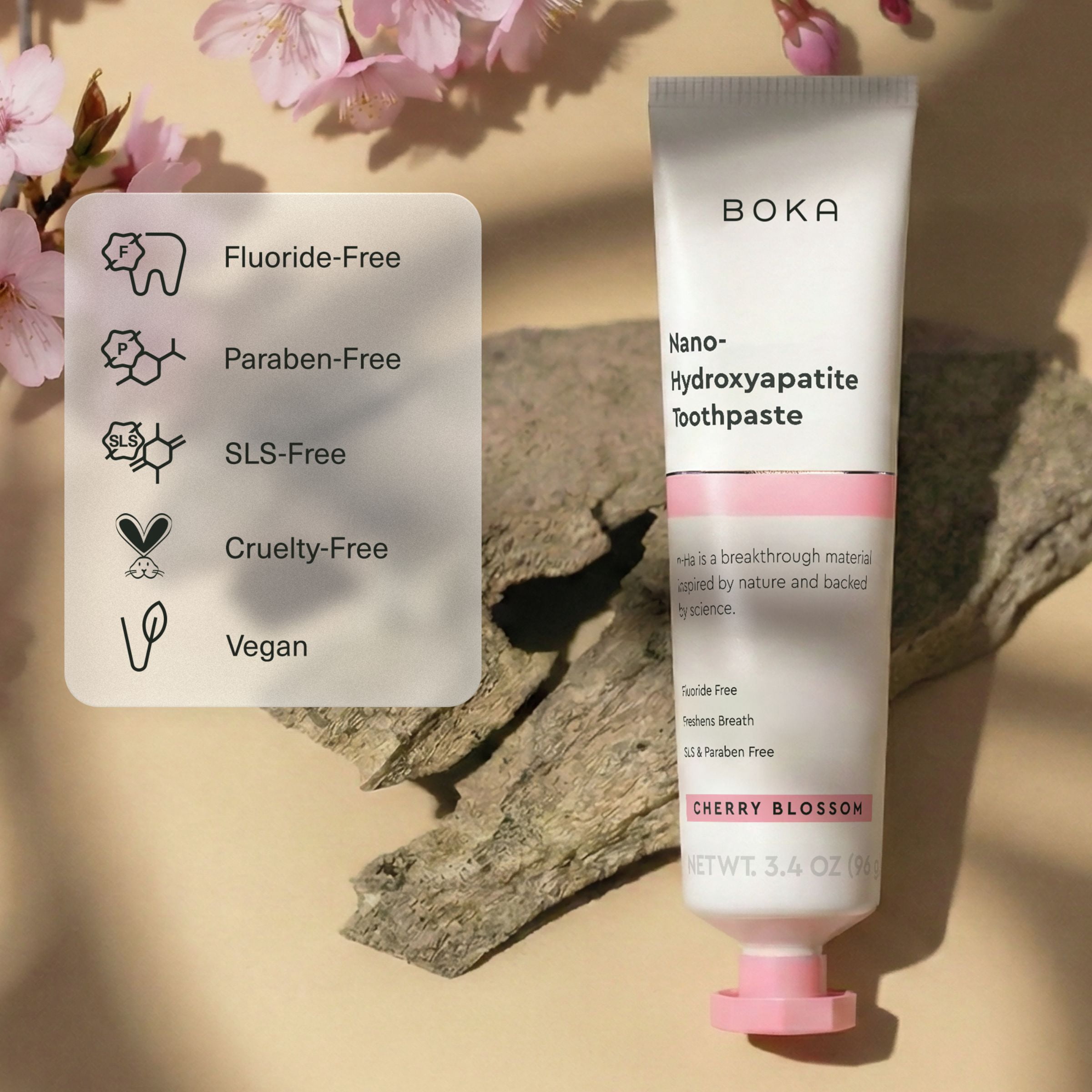 Boka Fluoride Free Toothpaste, Nano Hydroxyapatite Toothpaste, Appropriate for Sensitive Teeth - Cherry Blossom Flavor - 3.4 fl oz
