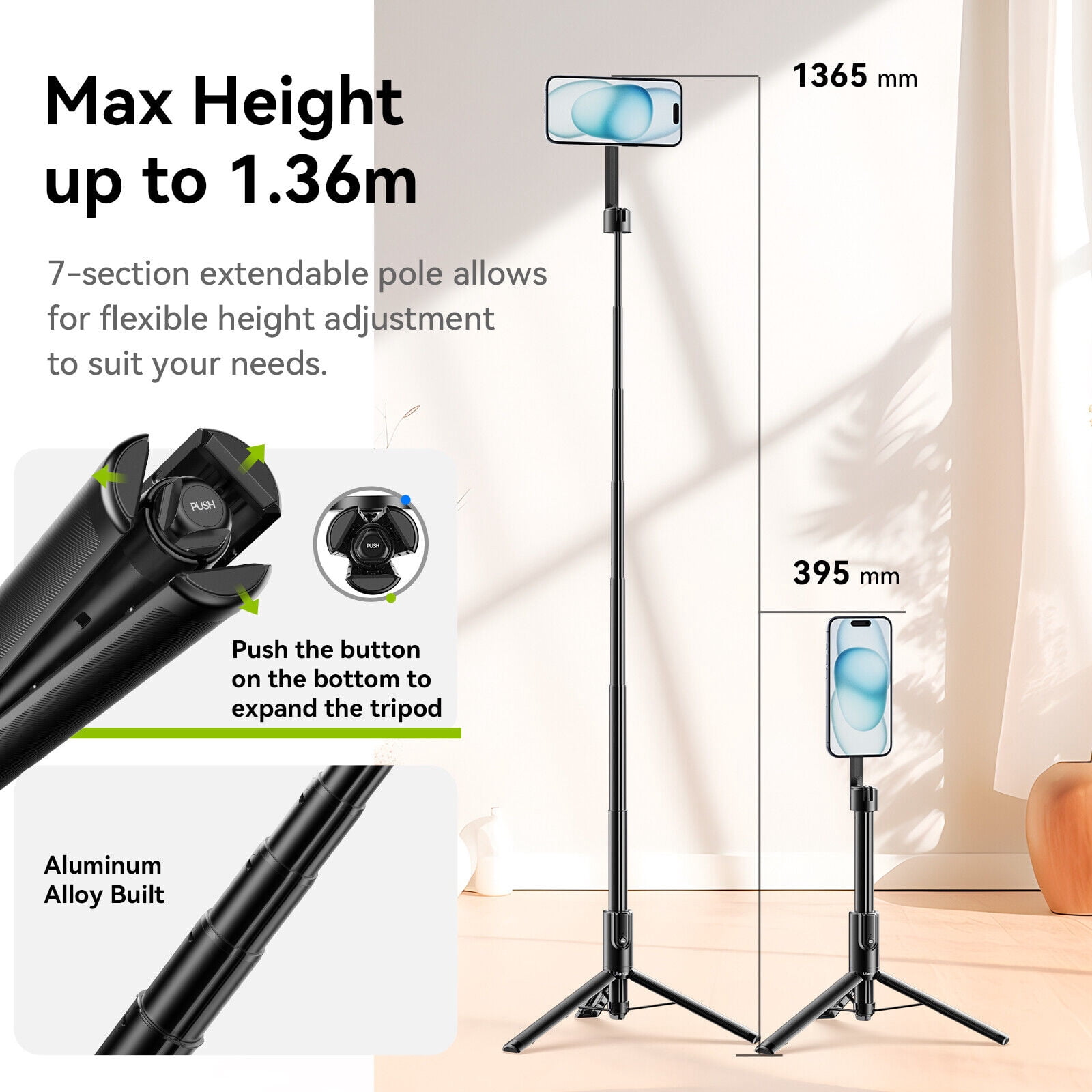Ulanzi MG-003 Magnetic Phone Selfie Stick Tripod with Bluetooth Remote and Extendable Design