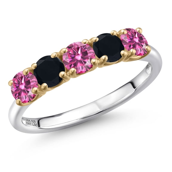 Gem Stone King 925 Silver and 10K Yellow Gold Pink Moissanite and Black Onyx Wedding-Bands Ring for Women | 1.13 Cttw | Round 4MM | Gemstone Birthstone | Size 6