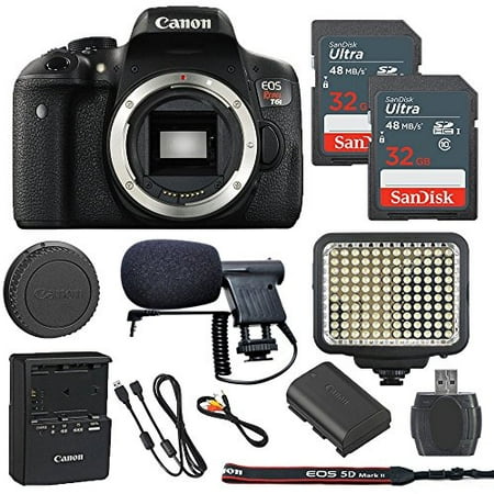 Canon EOS Rebel T6i 24.2MP Digital SLR Camera Body Only + 2 32GB Sandisk Ultra SD Cards + LED Video Light + Mini Condenser Microphone + Memory Card Reader -  (Certified