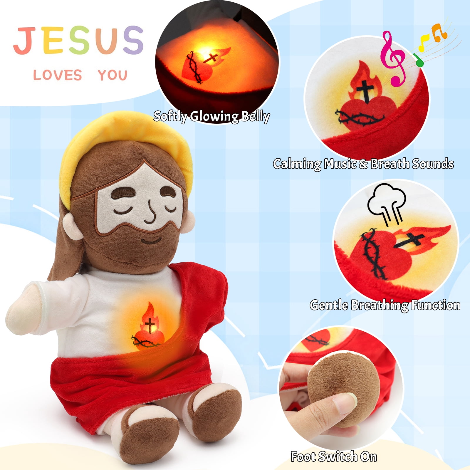 Halo Breathing Jesus Plush Doll Sacred Heart Jesus Doll Sound And Light, Christian Religious Toy For Church Prayer Home Decoration Baptism Easter Christmas Kid Gifts-Red