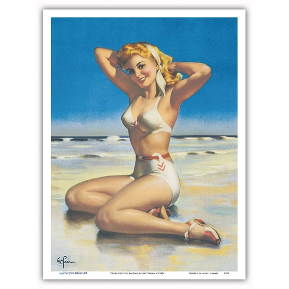 Yours For the Basking - Blonde Swimsuit Beauty on Beach - Vintage Pin Up Girl Print by Art Frahm c.1940s - Master Art Print (Unframed) 9in x 12in