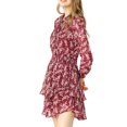 thumbnail image 5 of INSPIRE CHIC Women's Floral Printed Smocked Waist V Neck Long Sleeve Chiffon Dresses S Wine Red, 5 of 7