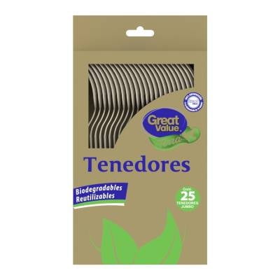 Tenedores Great Value terra biodegradables jumbo color beige 25 pzas