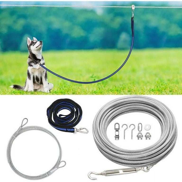 X XBEN Dog Tie Out Cable 100ft Dog Trolley Runner Cable for Dogs up to 250lbs Dog Lead for Yard Camping Outdoor with 8 Ft Nylon Bungee Runner