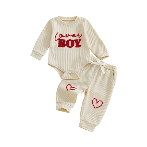 BemeyourBBs Newborn Baby Boys Valentines Day Outfits Long Sleeve Lover Boy Letters Embroidery Romper with Pants 2Pcs Spring Clothing Set