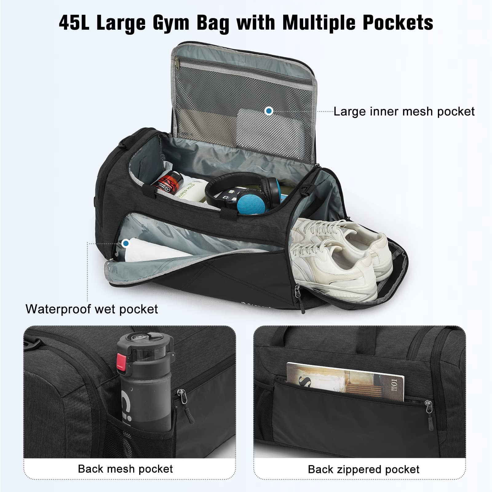 G4Free Sports Travel Duffel Bag 45L/60L with Shoe Compartment and Wet Pocket for Men and Women