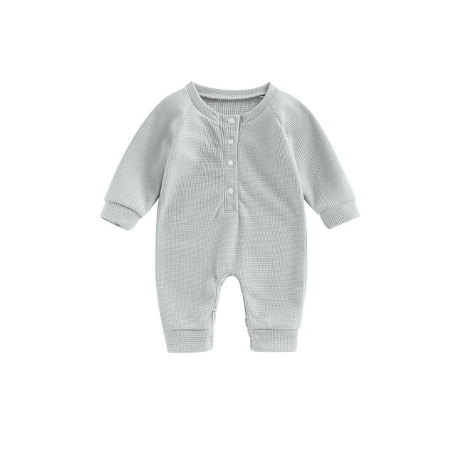 xiaxaixu Baby Boys Waffle Rompers Solid Color Buttons Crew Neck Long Sleeve Infant Jumpsuits Fall Toddler Clothes Bodysuits