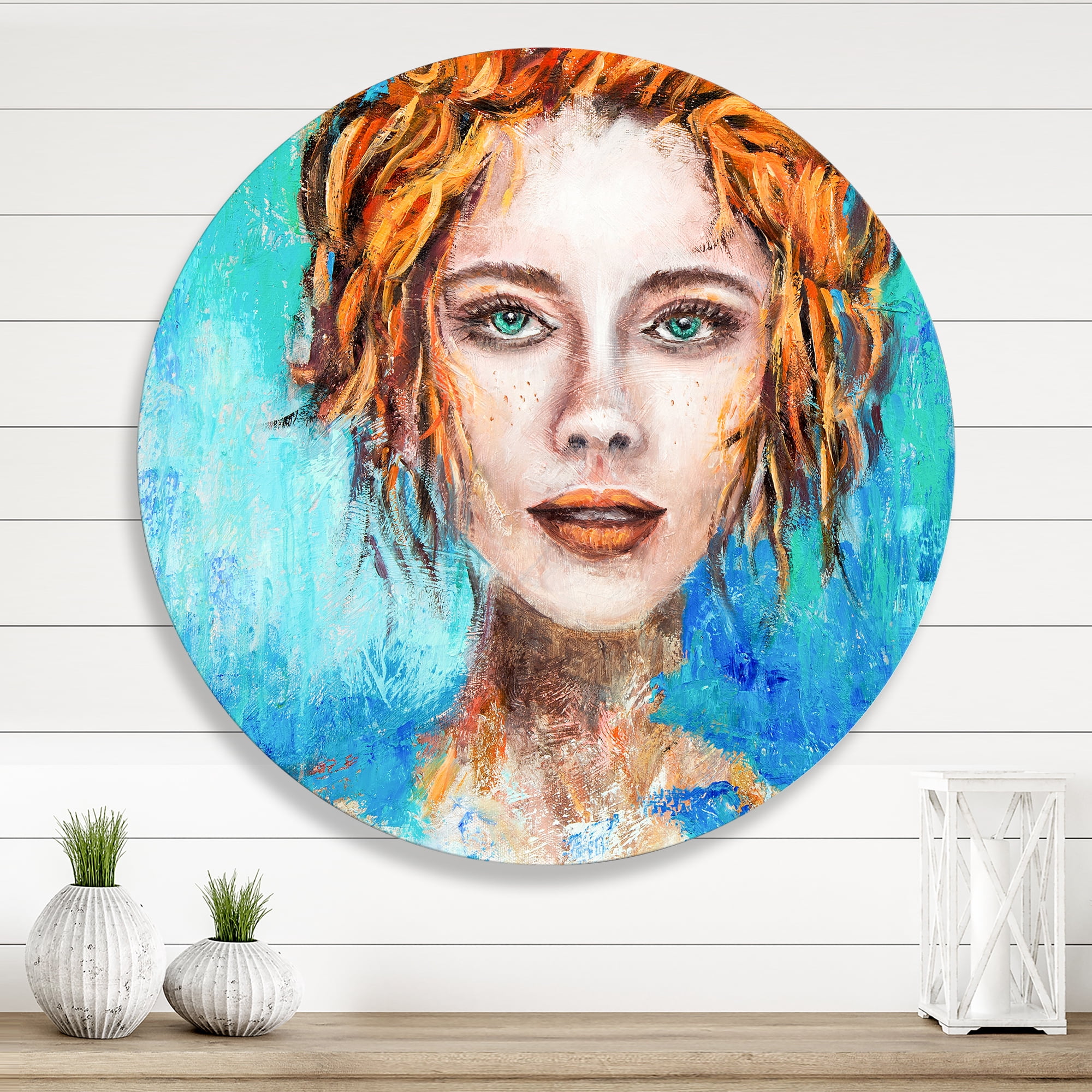 Designart 'A Woman Face With Red Hair And Green Eyes' Modern Circle Metal Wall Art 11x11 - Disc of 11