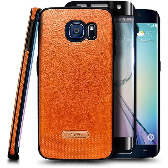 Nagebee Case for Samsung Galaxy S6 Edge with Screen Protector (Soft 3D Full Coverage), Premium PU Leather Ultra Thin Slim Fit Soft Flexible Non-Slip Grip Shockproof Anti-Scratch Cover Case (Brown)