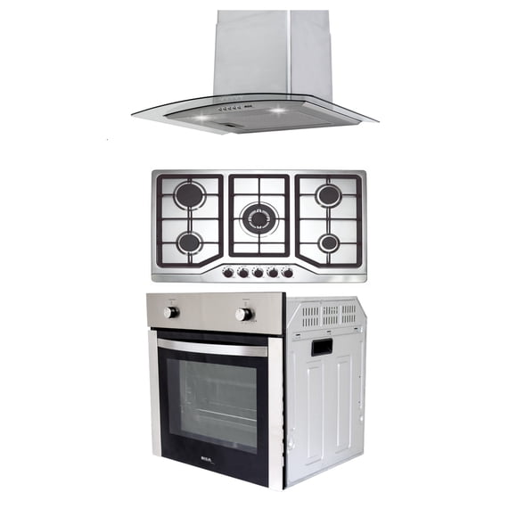 Combo Parrilla a Gas 5 Quemadores Acero Inox, Campana Cristal 60 cm y Horno a Gas LP para Empotrar 60 cm Acero Inox. Disa Home PAEM5A/CAMPC60C/HGEMP24AI