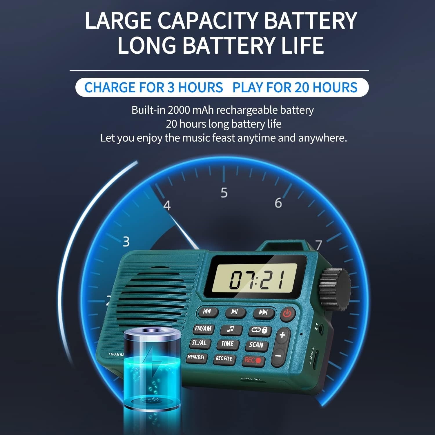 Portable AM/FM Radio with Bluetooth Speaker, Recording, Alarm Clock, and Long Battery Life | Compact Design for Home, Outdoor, and Travel