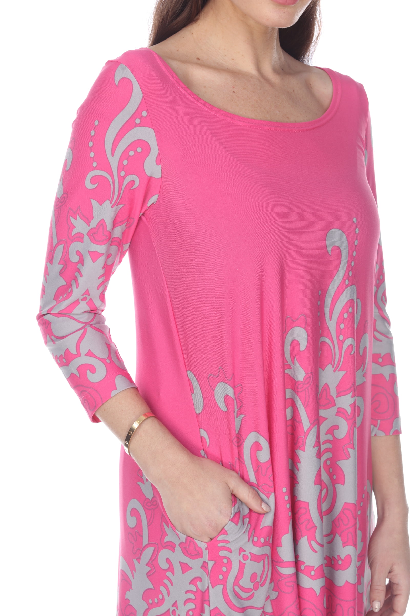 White Mark Women's Damask Print 3/4 Sleeve Tunic Top