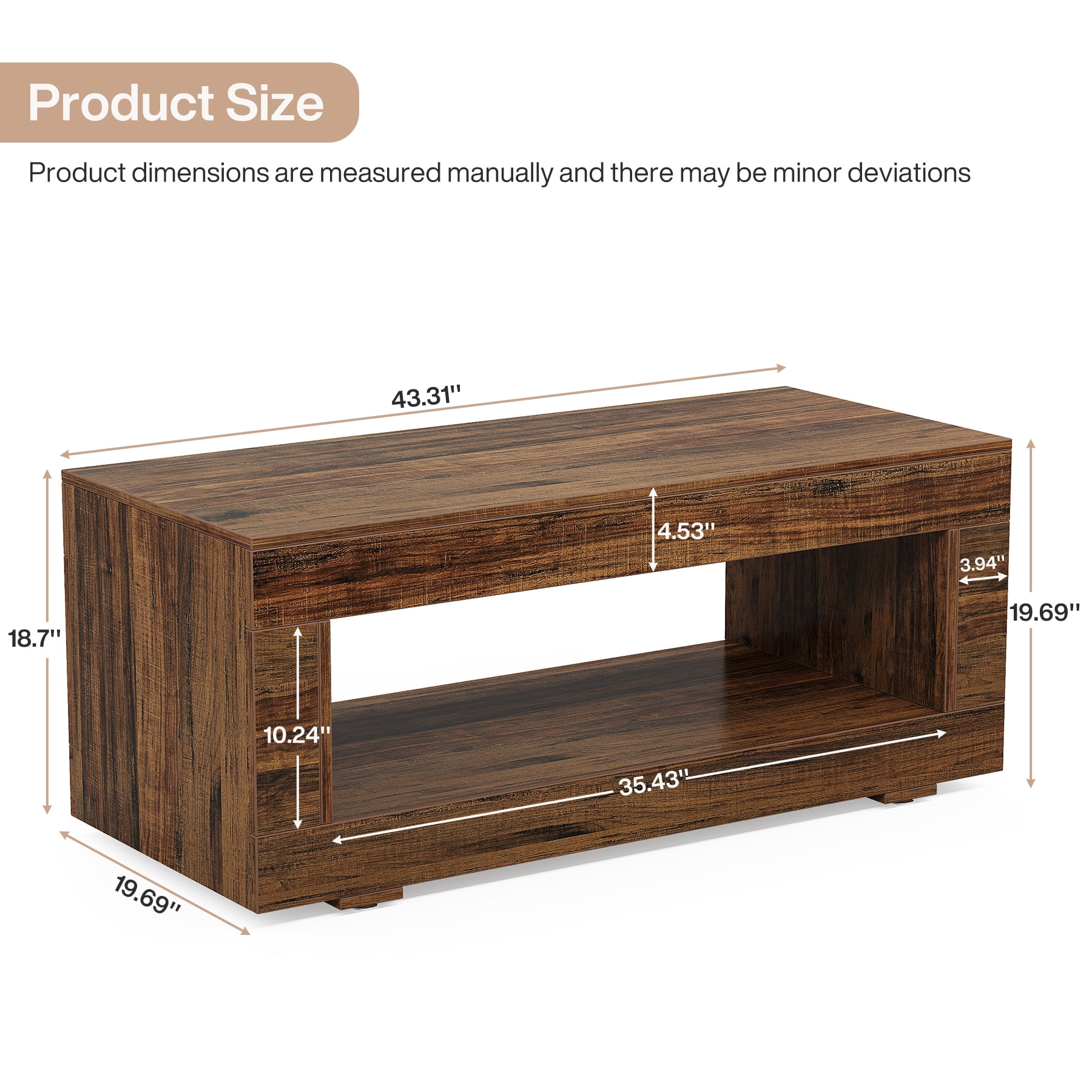 Tribesigns Coffee Table for Living Room, 43.3" Modern Farmhouse Coffee Table with Storage, 2-Tier Wood Rectangular Center Table Cocktail Living Room Table with Sturdy Base, Rustic Brown