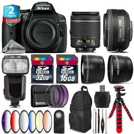 Nikon D5300 DSLR Camera + AF-P 18-55mm VR + 35mm f/1.8 + Pro Flash - 48GB