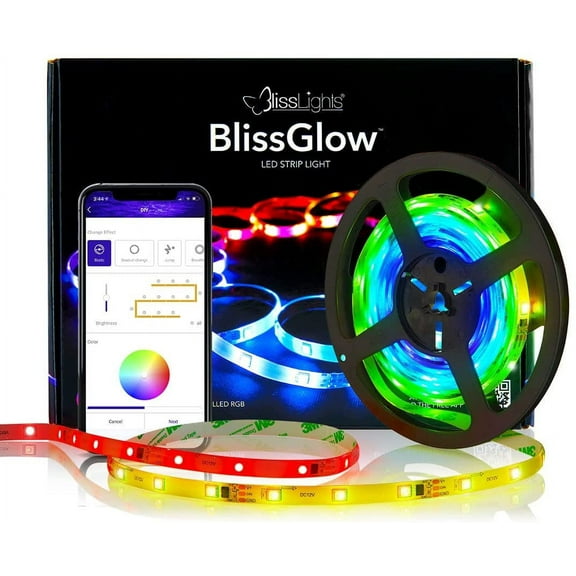 BlissLights BlissGlow LED Strip Lights, Bluetoot, 16 Million Colors, Segmented Customization and Music Sync for Room (16.4 ft)