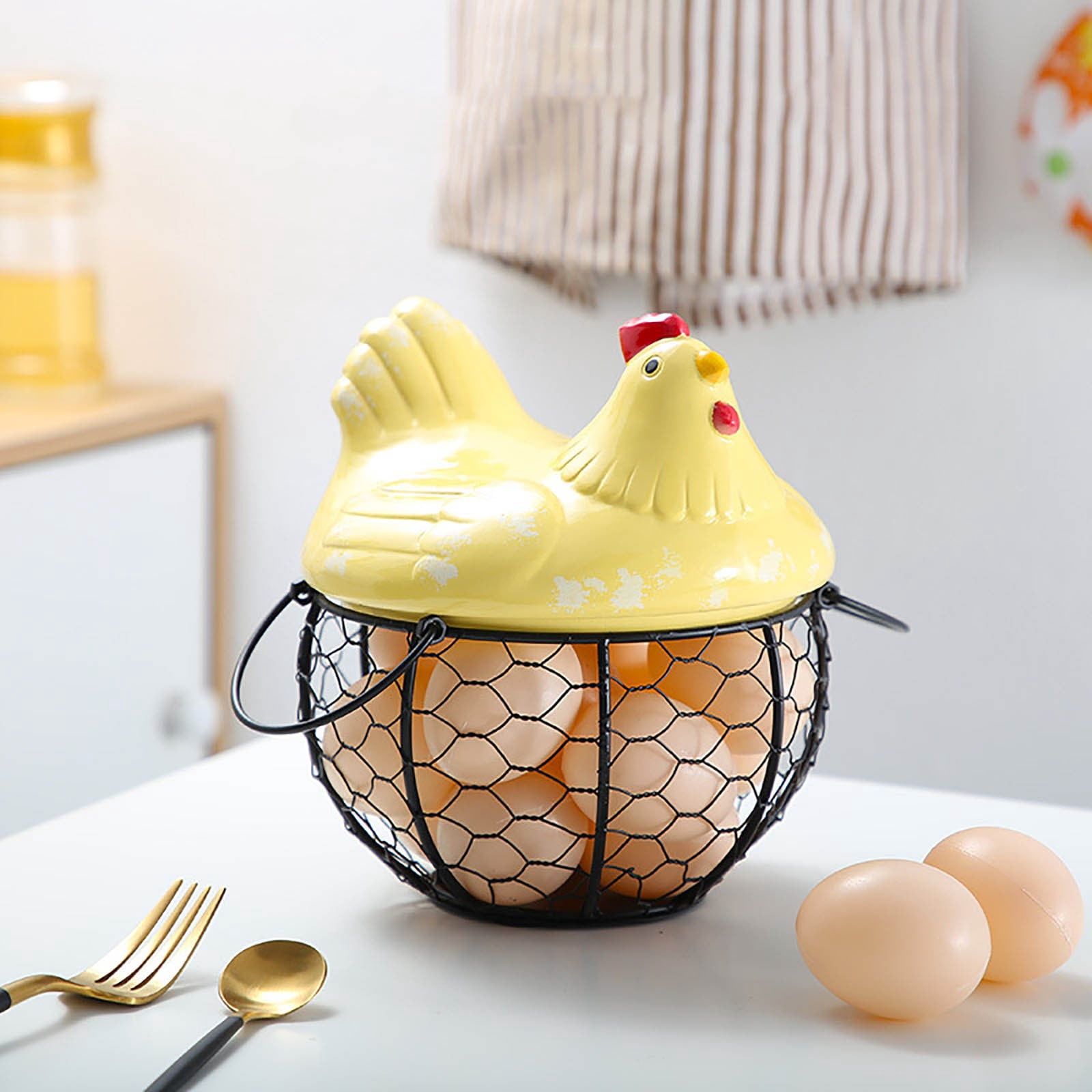 Chicken Egg Basket Black Wire with Ceramic Lid, Egg Holder for Gathering Fresh Eggs, Decorative Farmhouse Egg Storage Container for Kitchen Countertop, Ceramic Egg Storage Basket Organizer