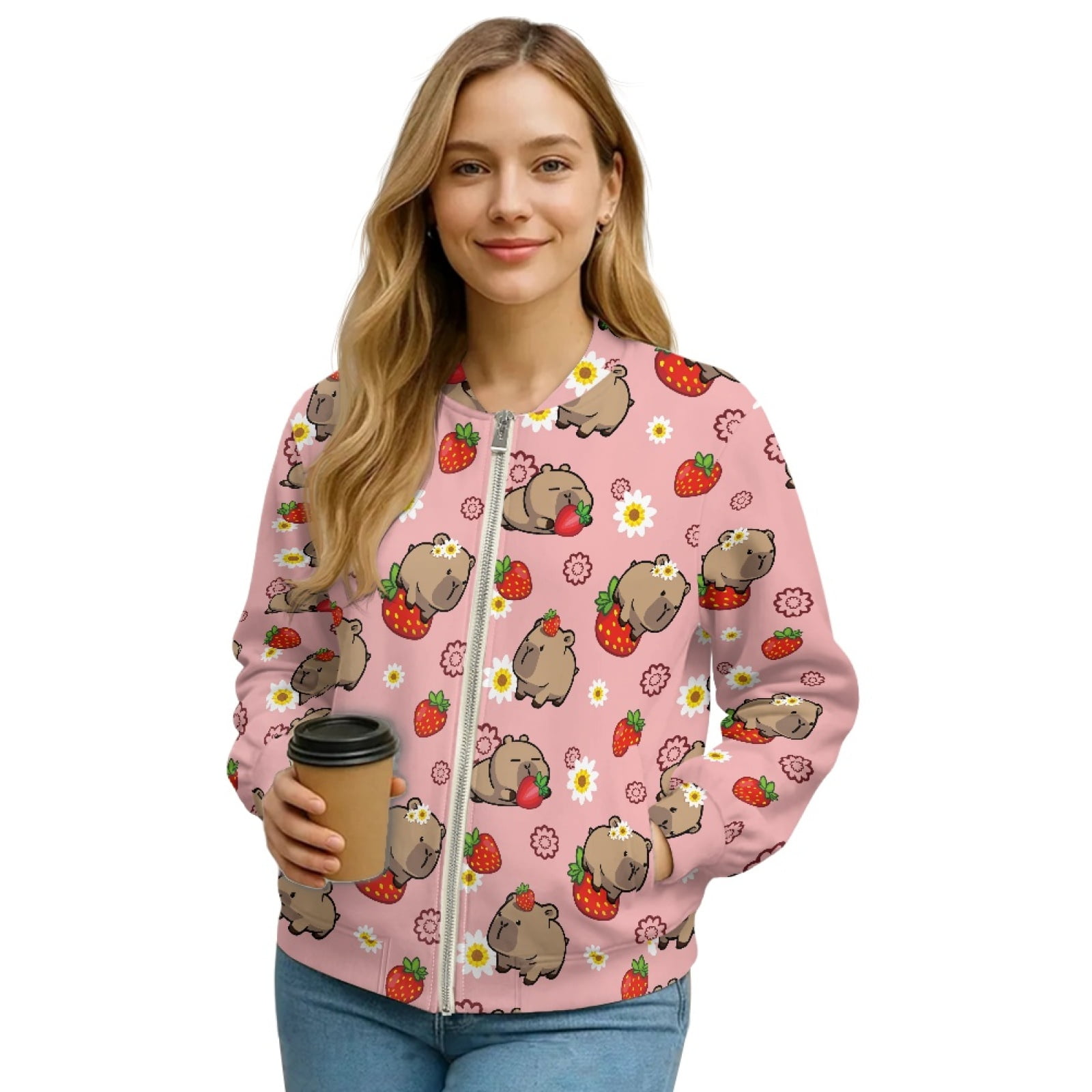Xixirimido Women s Bomber Jackets Lightweight Zip Up Jacket Casual Vasity Jacket Coat Outerwear Windbreaker with Pockets Capybara Strawberry Floral Pink Large