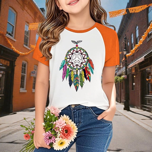 YUNAFFT Kids Short Sleeve T-shirts Orange Festival Print Raglan Sleeve Casual Style