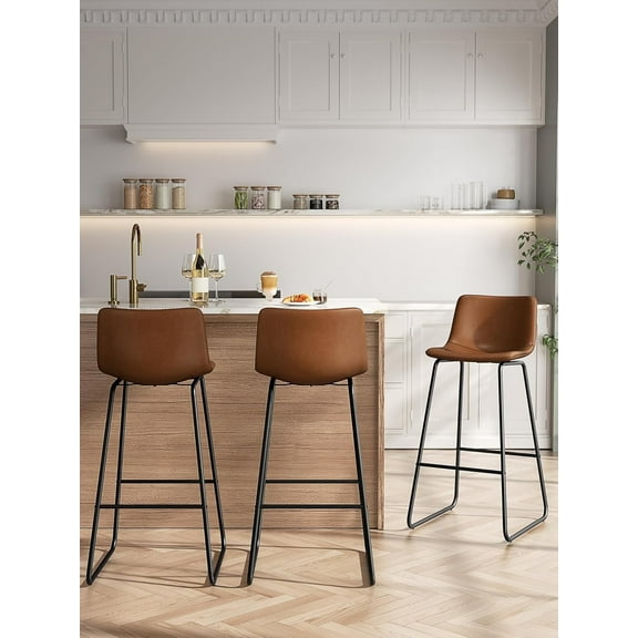 LainTene 30" Bar Stools Set of 3 Faux Leather Counter Height Stools with Backrest & Footrest, Heavy-Duty Metal Frame for Kitchen, Bar, Living Room, Dark Brown