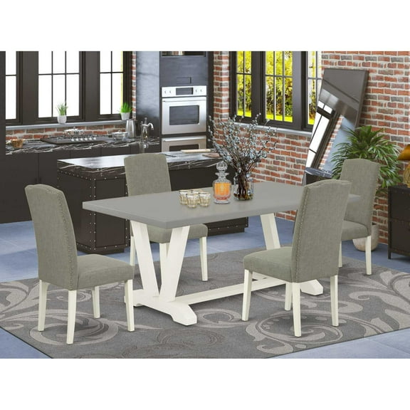 East West Furniture 5-Piece Beautiful Dining Room Set a Great Cement Color Dining Table Top and 4 Attractive Linen Fabric Dining Chairs with Nail Heads and Stylish Chair Back, Linen White Finish