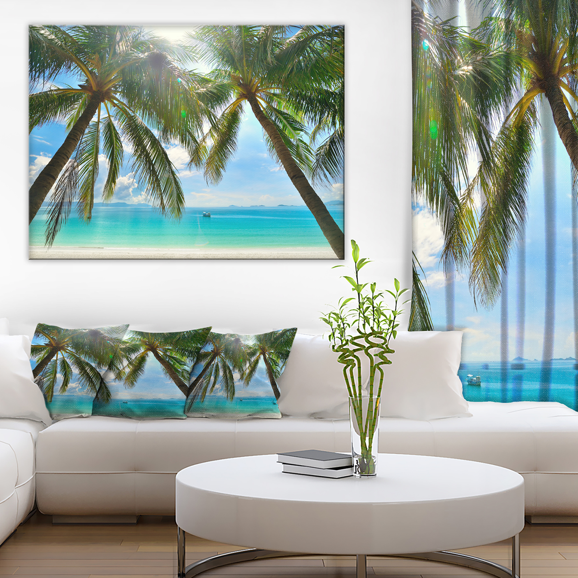Designart 'Palm Hanging over Sandy White Beach ' Seashore Photo Canvas Art Print