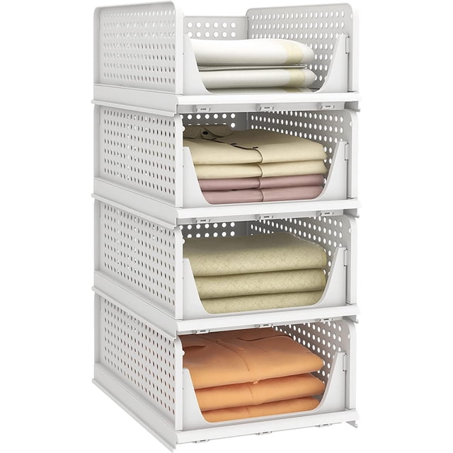 Pinkpum Stackable Plastic Storage Basket, Foldable Closet Organizers and Storage Bins 4 Pack Drawer Shelf Storage Container for Wardrobe Kitchen Bathroom Office Dorm White