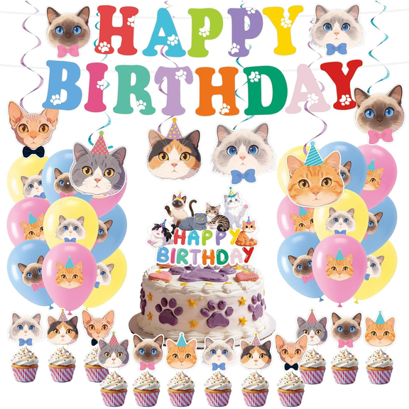 Birthday Decoration Set for Cat Themed Parties with Happy Banner Balloons Topper and 10 Toppers for Lover Celebration