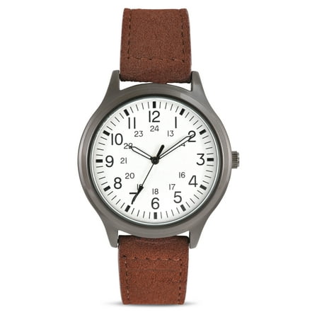 George Men's Gunmetal Round Case Watch with Easy Read Dial and Brown PU Suede Strap. 44MM