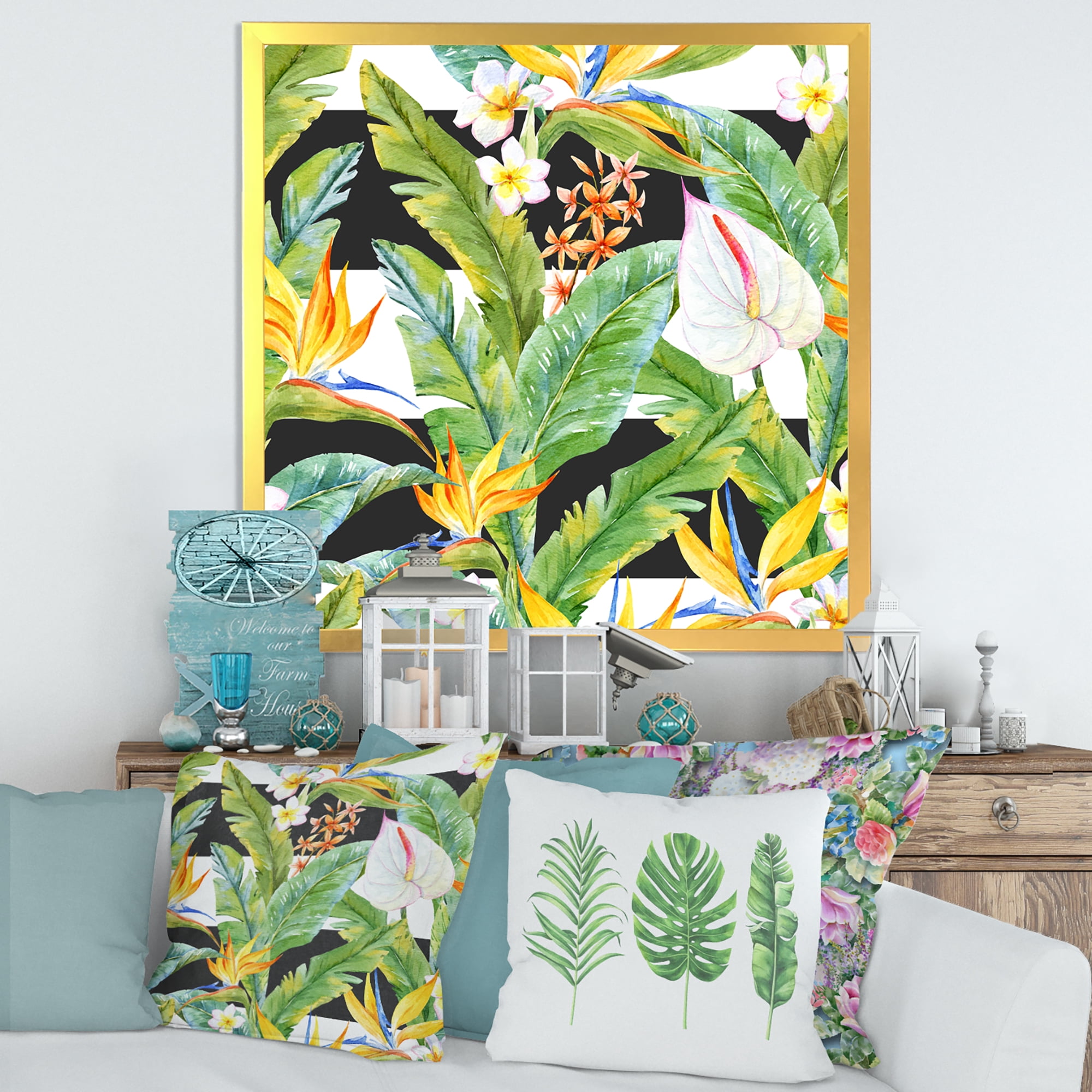 Designart 'Yellow Flowers and Tropical Foliage IV' Modern Framed Art Print