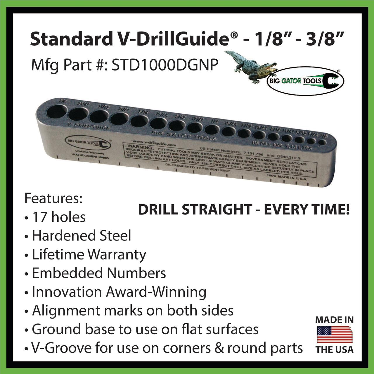 V-DrillGuide, Drill Bit Guide Tool, Standard Sizes 1/8" To 3/8", 17 holes,