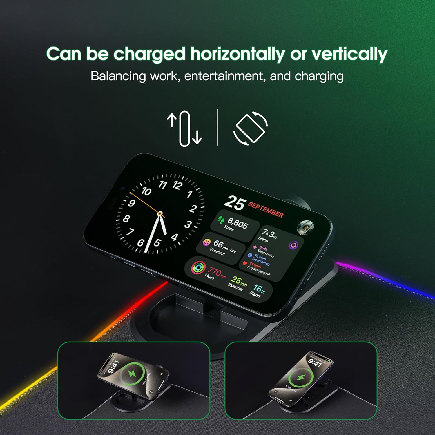 Wireless Charging Mouse Pad, RGB Gaming Desk Mat XXL with Magnetic Wireless Charging Phone Holder for Phone&iWatch&Airpods, Non-Slip Base,15 Lights Colors, Computer Keyboard Mat for MacBook,PC,Laptop