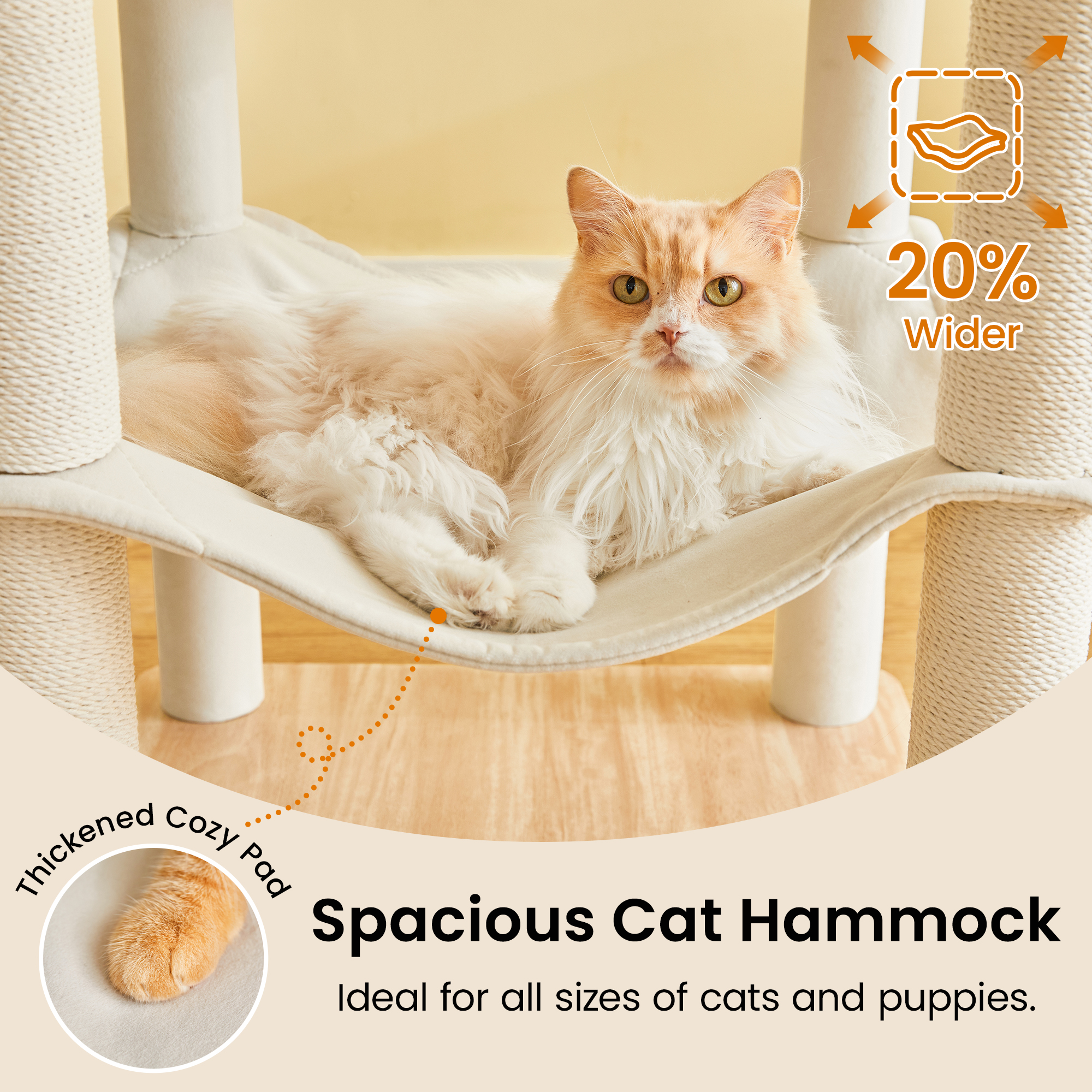 MWPO Large Modern Cat Tree - 70 inch Tall Cat Tower for Indoor Cats, Multi-Level Cat Condo with 7 Fully Wrapped Scratching Posts,Spacious Perches, Hammock, Removable Pad & Dangling Balls-Light Brown