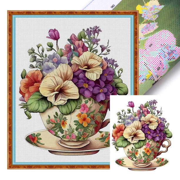Hilo Algodón Bordado Flores 18 Quilates en Punto Cruz Té 20x25cm