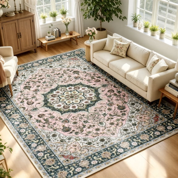 WANLISELL 8'x10' Area Rugs, Large Indoor Printed Living Room Rug, Vintage Distressed Carpet Washable Rugs for Bedroom, Dining Room, Office, Playroom, Pink