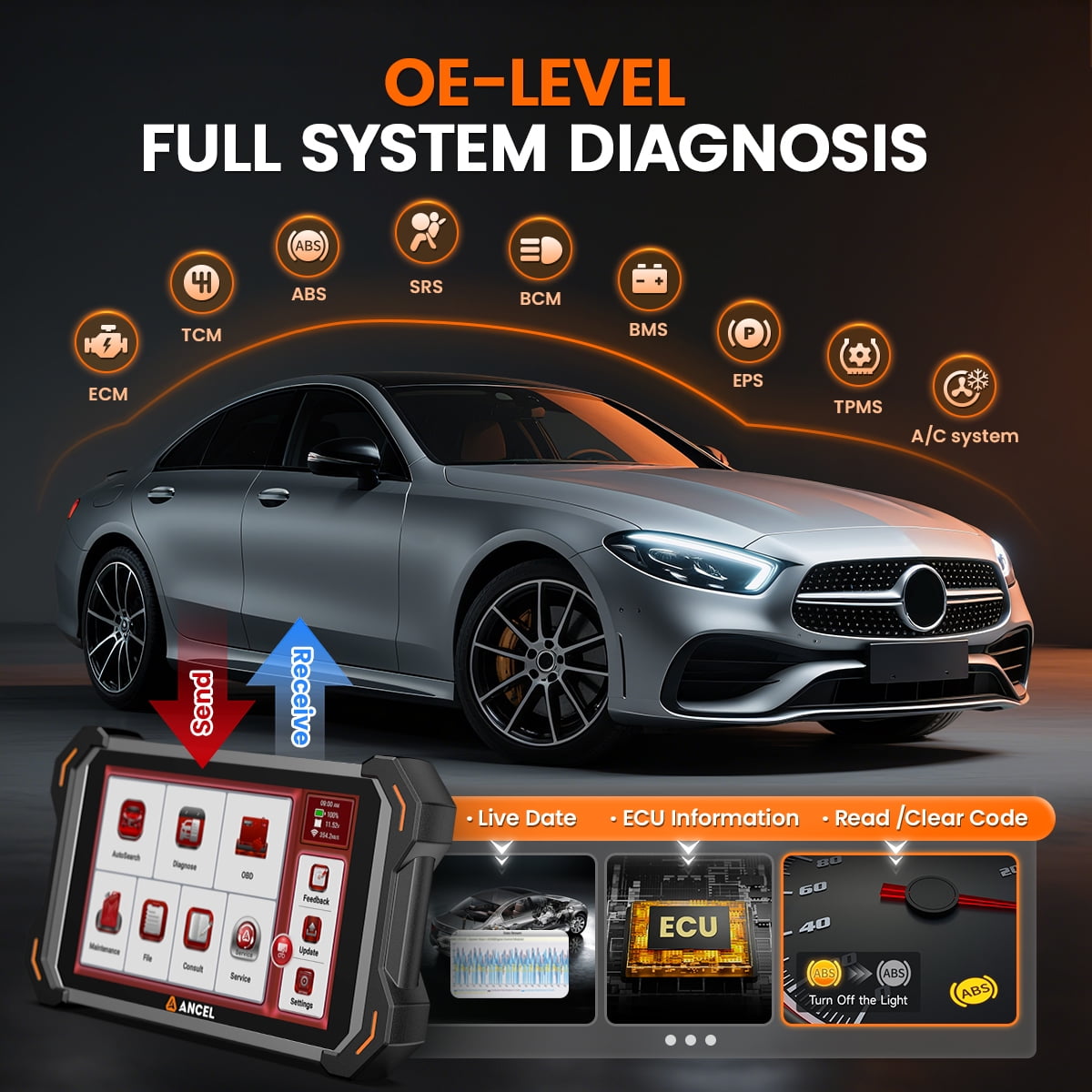 ANCEL DS600BT 8 inch OBD2 Scanner Bidirectional Scan Tool, All System with 34+ Reset Car Diagnostic Tool, CAN FD/DOIP, ECU Cod-ing