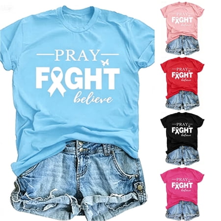 DHFJKG Womens T Shirts Cancer Awareness Letter Ribbon Printed Short Sleeve Crew Neck Graphic Tees