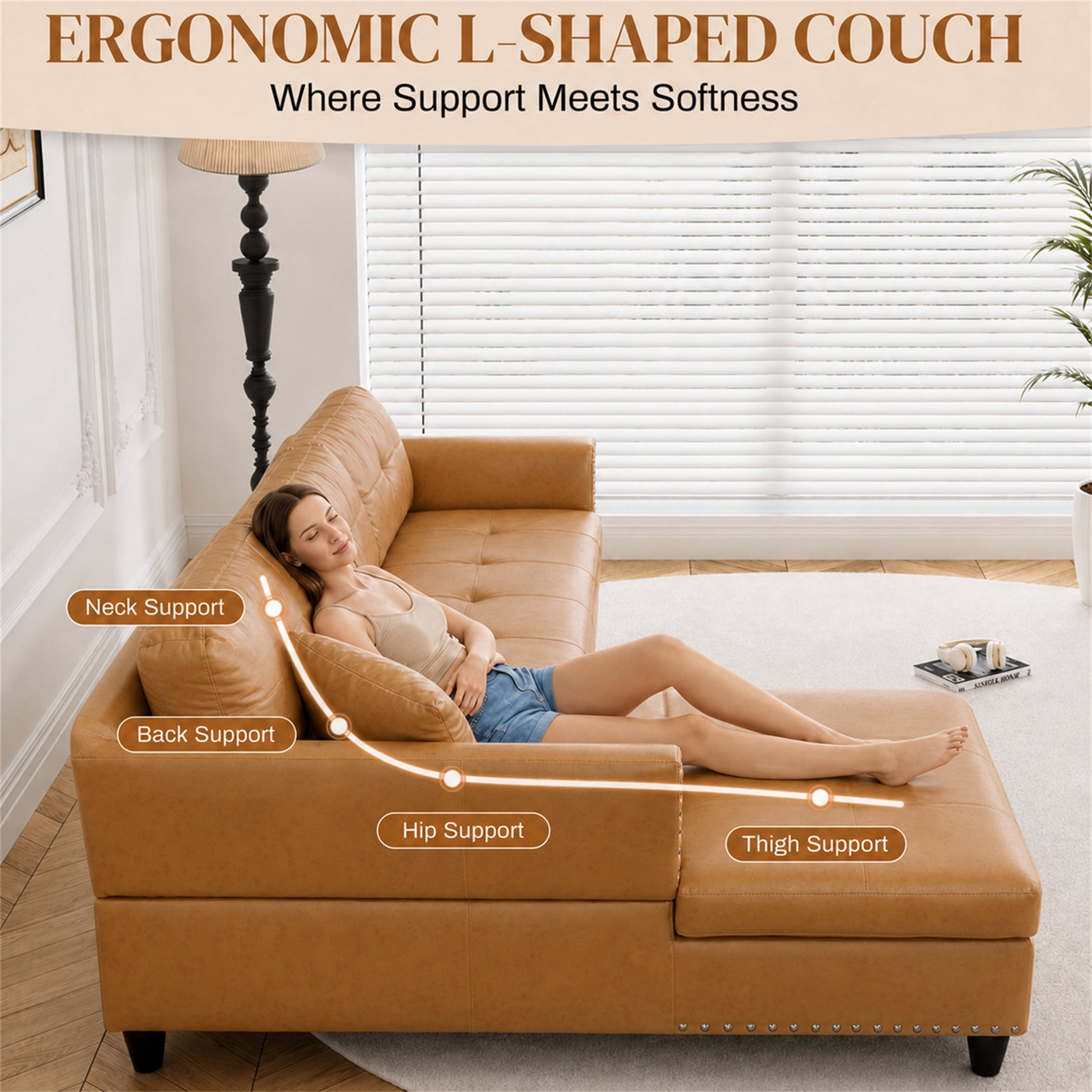 Aukfa 98" L Shaped Sectional Couch with Cup Holder Console, Tufted Back&Nailhead Trim, Oversized Left Chaise Leather Sofa for Living Room, Ginger