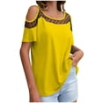 thumbnail image 1 of Kovlvoll Hauts pour Femmes Col Rond Patchwork en Dentelle Épaules Dénudées Manches Courtes T-Shirts Décontractés Amples Blouse d'Été, 1 of 3