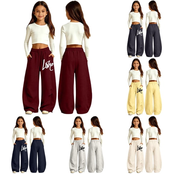 Kids Girls School Uniform Pants High Waist Red Trendy Sweatpants With Pockets Preppy Clothes Size 5-6 Years