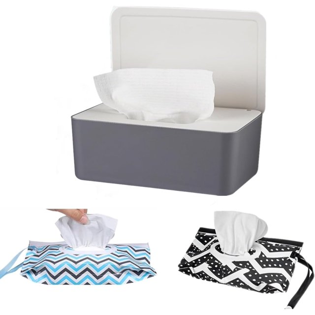 Distributeur de Lingettes avec 2 Pcs Porte-Lingettes Portable Rechargeable, Grande Boîte Porte-Lingettes Réutilisable Étui à Lingettes Jetable Contenant de Lingettes pour Salle de Bain pour Animal de Compagnie Garderie Cuisine Bureau Comptoir (Gris-Blanc)