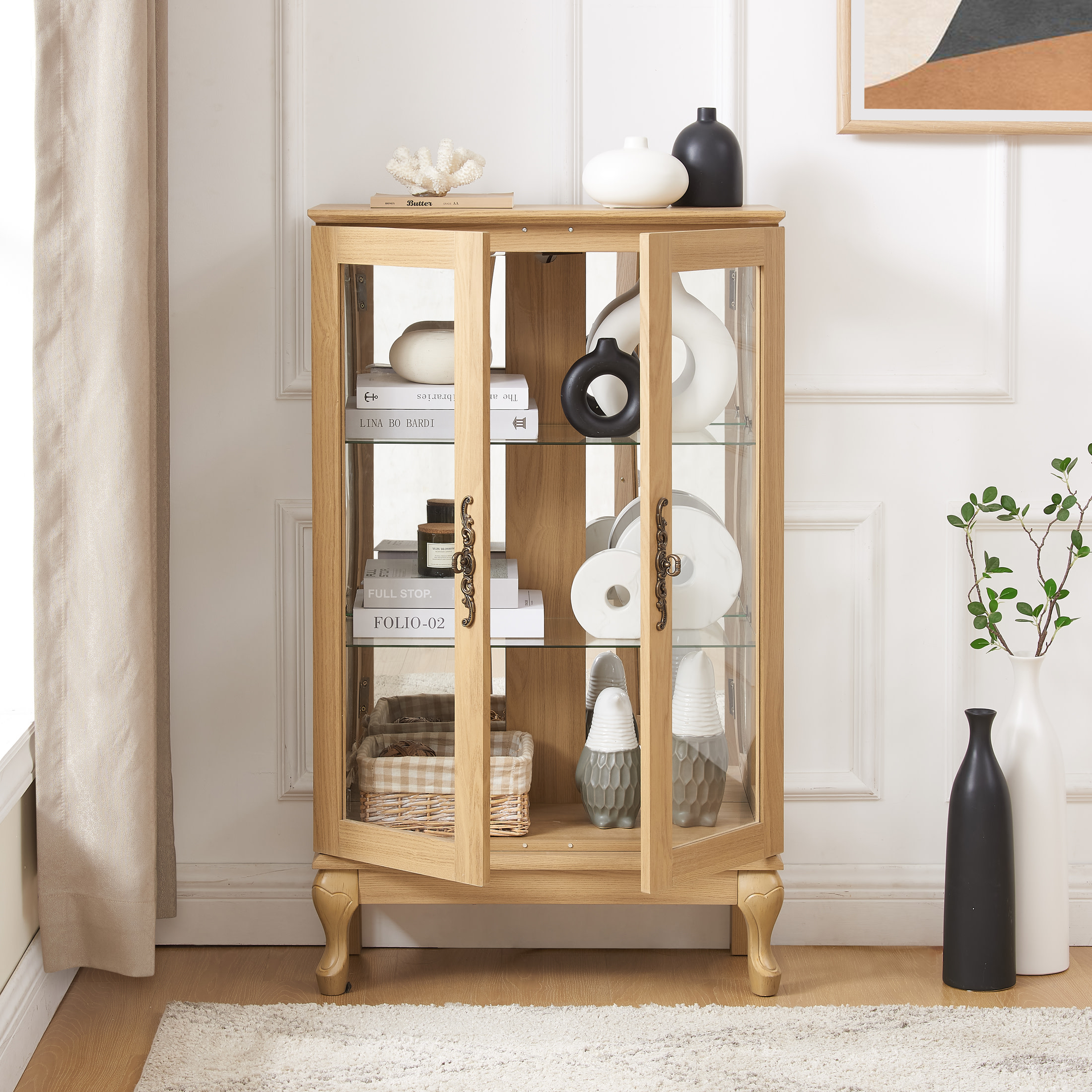 Noble House Elshore Lighted Curio Cabinet, 2-Door Glass Display with Mirrored Back, Adjustable Shelves, Light Oak
